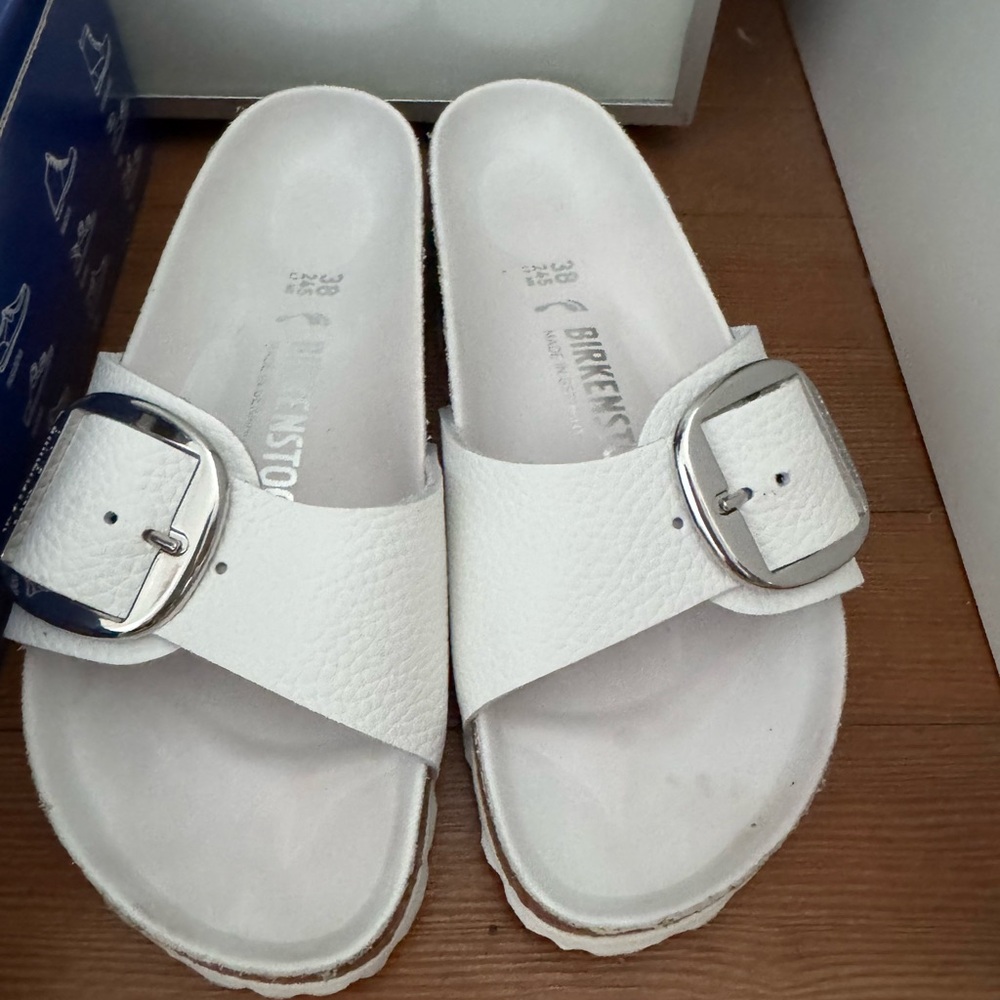 Birkenstock Madrid White Sandals with Silver Buckle